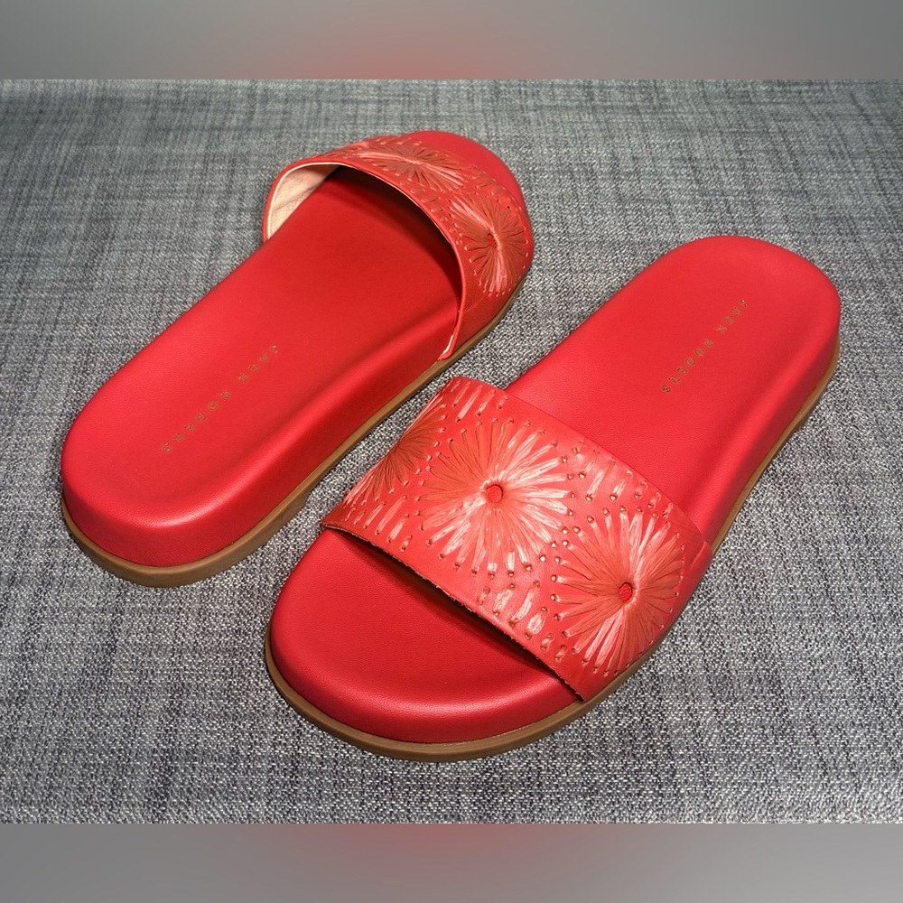 Jack Rogers Somerset Embroidered Leather Slide Sandal Fire Red - Picture 2 of 7